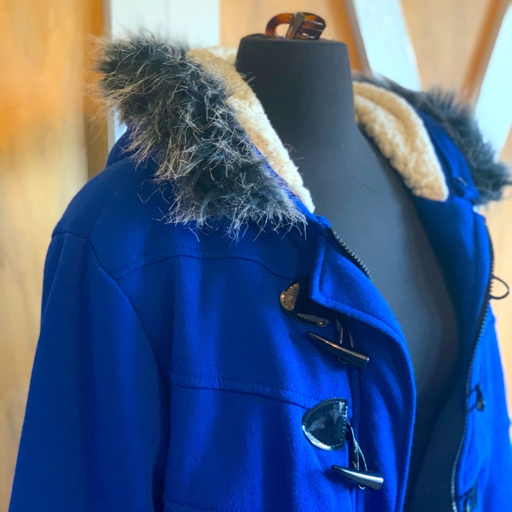 Electric Blue casual knit faux fur trim hooded sherpa car coat